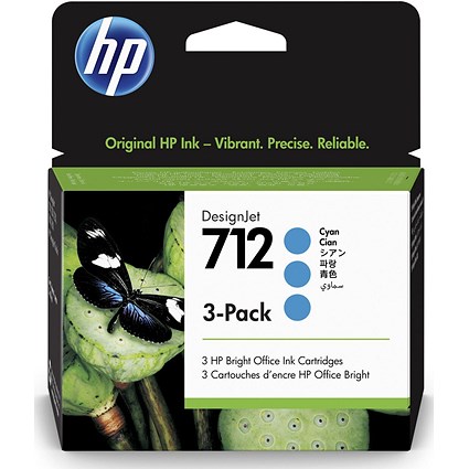 HP 712 Cyan Standard Capacity Ink Cartridge 29 ml (Pack of 3) - 3ED77A