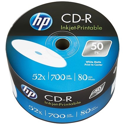 HP CD-R Inkjet-Printable Writable Blank CDs, Wrap, 700mb/80min Capacity, Pack of 50 HP CD-R Inkjet-Printable Writable Blank CDs, Wrap, 700mb/80min Capacity, Pack of 50