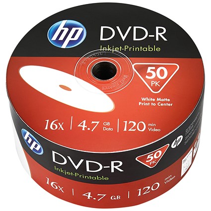 HP DVD+R Inkjet-Printable Writable Blank DVDs, Wrap, 4.7gb/120min Capacity, Pack of 50