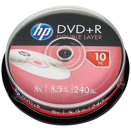 HP DVD+R Double Layer Writable Blank DVDs, Spindle, 8.5gb/240min Capacity, Pack of 10