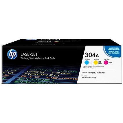HP 304A Laser Toner Cartridges - Cyan, Magenta and Yellow (3 Cartridges)