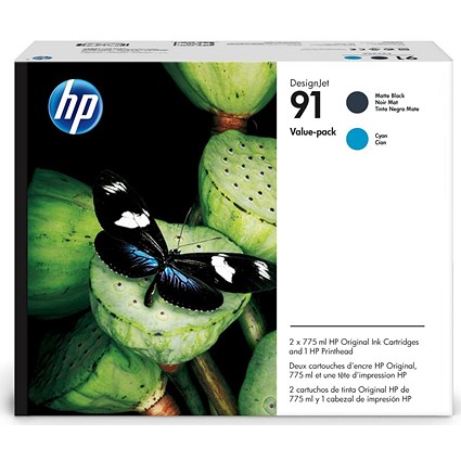 HP 91 Matte Black and Cyan Ink Cartridges and Printhead P2V35A