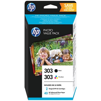 HP 303 Black & Colour Ink (2 Cartridges) With Photo Paper Z4B62EE
