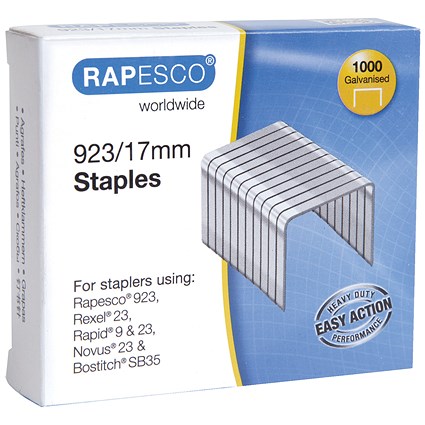 Rapesco 923/17mm Galvanised Finish Staples, Pack of 1000
