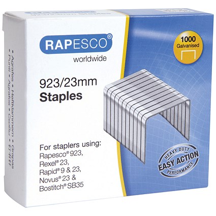 Rapesco 923/23mm Galvanised Finish Staples, Pack of 1000
