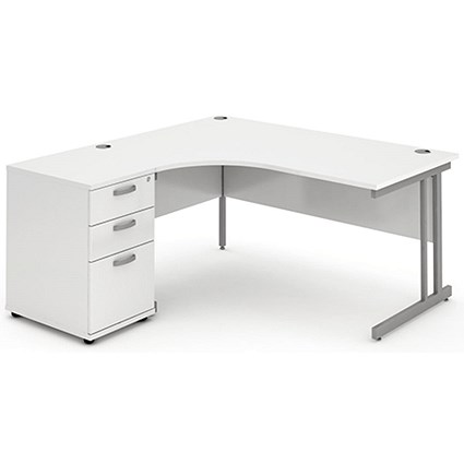 Impulse Corner Desk with 600mm Pedestal, Left Hand, 1600mm Wide, Silver Legs, White, Installed