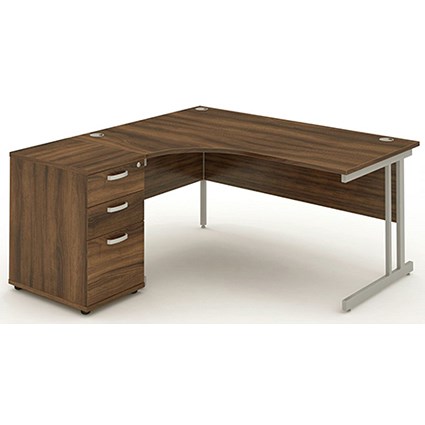 Impulse Corner Desk with 600mm Pedestal, Left Hand, 1600mm Wide, Silver Legs, Walnut, Installed