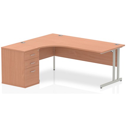Impulse 1800mm Corner Desk with 600mm Desk High Pedestal, Left Hand, Silver Cantilever Leg, Beech Impulse 1800mm Corner Desk with 600mm Desk High Pedestal, Left Hand, Silver Cantilever Leg, Beech