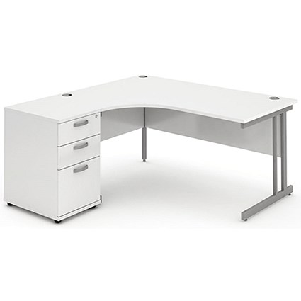 Impulse Corner Desk with 600mm Pedestal, Left Hand, 1800mm Wide, Silver Legs, White, Installed