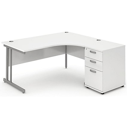 Impulse Corner Desk with 600mm Pedestal, Right Hand, 1600mm Wide, Silver Legs, White, Installed