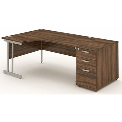 Impulse Corner Desk with 800mm Pedestal, Left Hand, 1800mm Wide, Silver Legs, Walnut, Installed