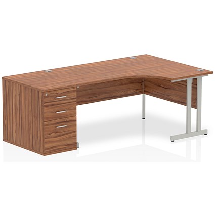 Impulse 1600mm Corner Desk with 800mm Desk High Pedestal, Right Hand, Silver Cantilever Leg, Walnut Impulse 1600mm Corner Desk with 800mm Desk High Pedestal, Right Hand, Silver Cantilever Leg, Walnut