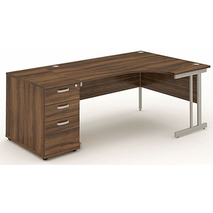 Impulse Corner Desk with 800mm Pedestal, Right Hand, 1600mm Wide, Silver Legs, Walnut, Installed