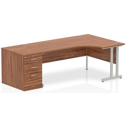 Impulse 1800mm Corner Desk with 800mm Desk High Pedestal, Right Hand, Silver Cantilever Leg, Walnut Impulse 1800mm Corner Desk with 800mm Desk High Pedestal, Right Hand, Silver Cantilever Leg, Walnut
