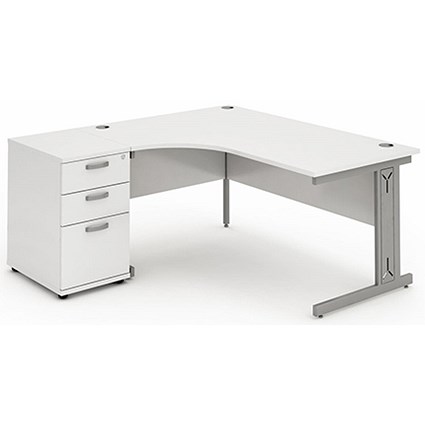 Impulse Plus Corner Desk with 600mm Pedestal, Left Hand, 1600mm Wide, Silver Cable Managed Legs, White, Installed