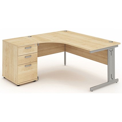 Impulse Plus Corner Desk with 600mm Pedestal, Left Hand, 1800mm Wide, Silver Cable Managed Legs, Maple, Installed