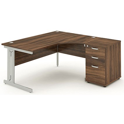 Impulse Plus Corner Desk with 600mm Pedestal, Right Hand, 1600mm Wide, Silver Cable Managed Legs, Walnut, Installed