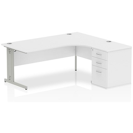 Impulse 1800mm Corner Desk with 600mm Desk High Pedestal, Right Hand, Silver Cable Managed Leg, White Impulse 1800mm Corner Desk with 600mm Desk High Pedestal, Right Hand, Silver Cable Managed Leg, White