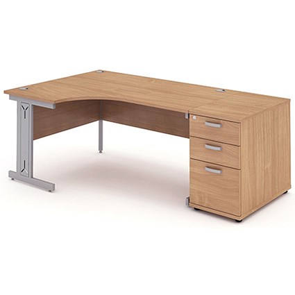 Impulse Plus Corner Desk with 800mm Pedestal, Left Hand, 1600mm Wide, Silver Cable Managed Legs, Beech, Installed