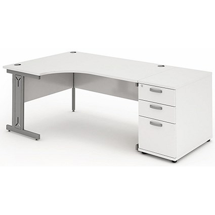 Impulse Plus Corner Desk with 800mm Pedestal, Left Hand, 1600mm Wide, Silver Cable Managed Legs, White, Installed