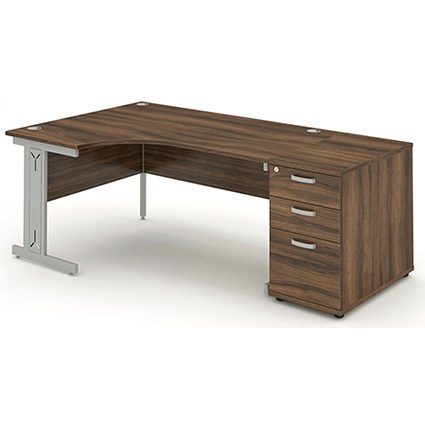 Impulse Plus Corner Desk with 800mm Pedestal, Left Hand, 1600mm Wide, Silver Cable Managed Legs, Walnut, Installed