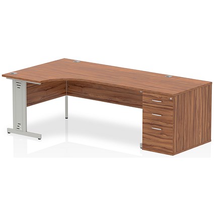 Impulse 1800mm Corner Desk with 800mm Desk High Pedestal, Left Hand, Silver Cable Managed Leg, Walnut