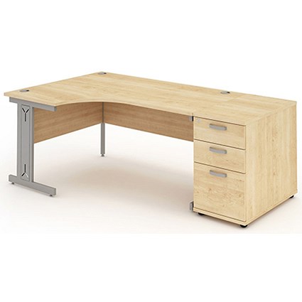 Impulse Plus Corner Desk with 800mm Pedestal, Left Hand, 1800mm Wide, Silver Cable Managed Legs, Maple, Installed