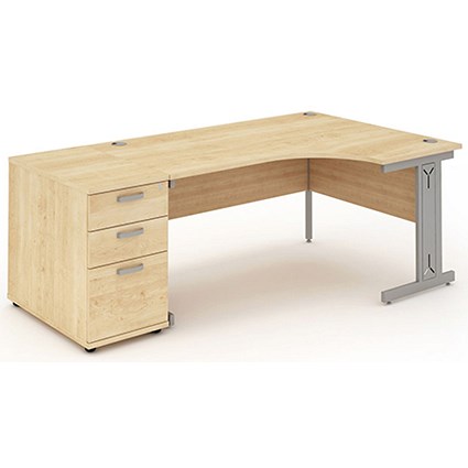 Impulse Plus Corner Desk with 800mm Pedestal, Right Hand, 1600mm Wide, Silver Cable Managed Legs, Maple, Installed