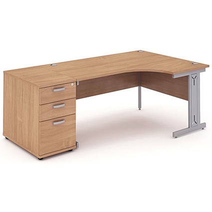 Impulse Plus Corner Desk with 800mm Pedestal, Right Hand, 1800mm Wide, Silver Cable Managed Legs, Beech, Installed