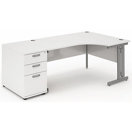 Impulse Plus Corner Desk with 800mm Pedestal, Right Hand, 1800mm Wide, Silver Cable Managed Legs, White, Installed