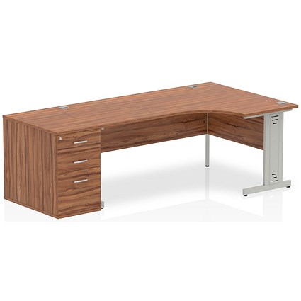 Impulse 1800mm Corner Desk with 800mm Desk High Pedestal, Right Hand, Silver Cable Managed Leg, Walnut