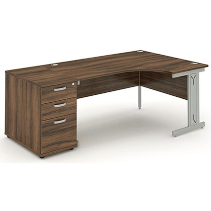 Impulse Plus Corner Desk with 800mm Pedestal, Right Hand, 1800mm Wide, Silver Cable Managed Legs, Walnut, Installed
