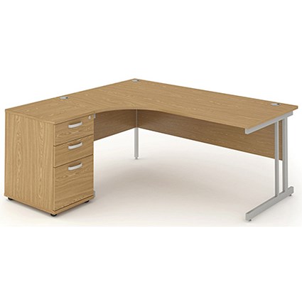 Impulse Corner Desk with 600mm Pedestal, Left Hand, 1600mm Wide, Silver Legs, Oak, Installed