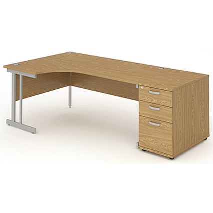 Impulse Corner Desk with 800mm Pedestal, Left Hand, 1800mm Wide, Silver Legs, Oak, Installed