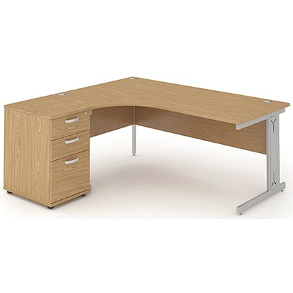 Impulse Plus Corner Desk with 600mm Pedestal, Left Hand, 1600mm Wide, Silver Cable Managed Legs, Oak, Installed