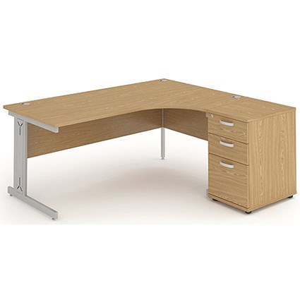 Impulse Plus Corner Desk with 600mm Pedestal, Right Hand, 1800mm Wide, Silver Cable Managed Legs, Oak, Installed