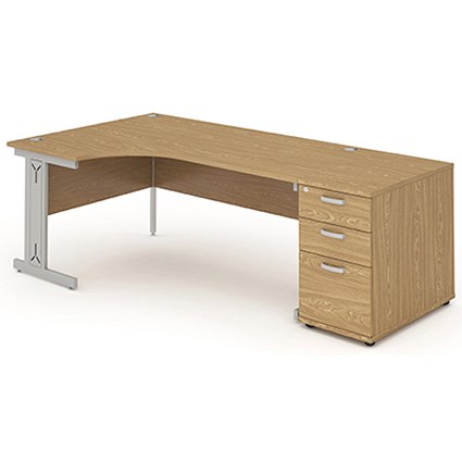 Impulse Plus Corner Desk with 800mm Pedestal, Left Hand, 1800mm Wide, Silver Cable Managed Legs, Oak, Installed