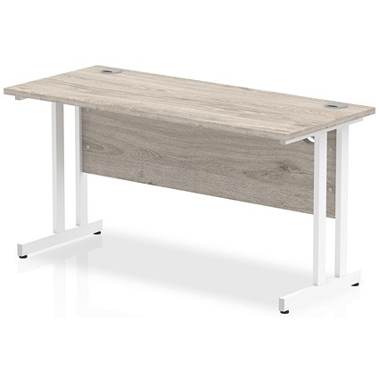Impulse 1400mm Slim Rectangular Desk, White Cantilever Leg, Grey Oak