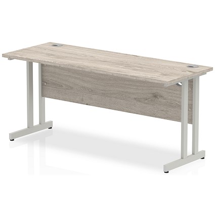 Impulse 1600mm Slim Rectangular Desk, Silver Cantilever Leg, Grey Oak
