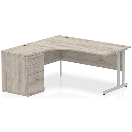 Impulse 1600mm Corner Desk with 600mm Desk High Pedestal, Left Hand, Silver Cantilever Leg, Grey Oak