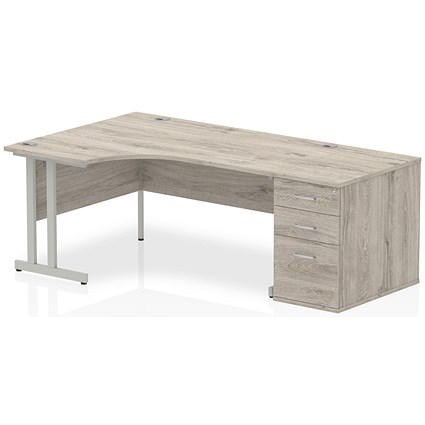 Impulse 1600mm Corner Desk with 800mm Desk High Pedestal, Left Hand, Silver Cantilever Leg, Grey Oak