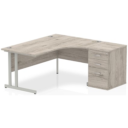 Impulse 1600mm Corner Desk with 600mm Desk High Pedestal, Right Hand, Silver Cantilever Leg, Grey Oak