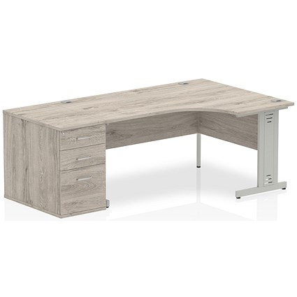 Impulse 1600mm Corner Desk with 800mm Desk High Pedestal, Right Hand, Silver Cable Managed Leg, Grey Oak