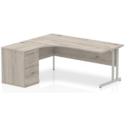 Impulse 1800mm Corner Desk with 600mm Desk High Pedestal, Left Hand, Silver Cantilever Leg, Grey Oak