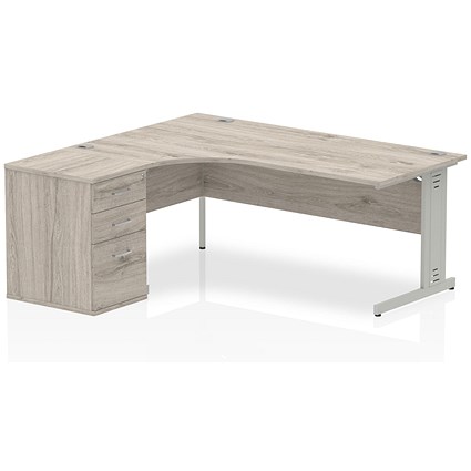 Impulse 1800mm Corner Desk with 600mm Desk High Pedestal, Left Hand, Silver Cable Managed Leg, Grey Oak