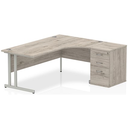 Impulse 1800mm Corner Desk with 600mm Desk High Pedestal, Right Hand, Silver Cantilever Leg, Grey Oak