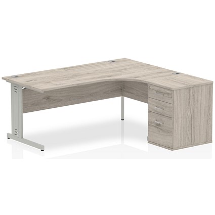 Impulse 1800mm Corner Desk with 600mm Desk High Pedestal, Right Hand, Silver Cable Managed Leg, Grey Oak