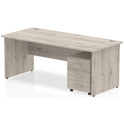 Impulse 1800mm Rectangular Desk, Panel End Leg, 3 Drawer Mobile Pedestal, Grey Oak