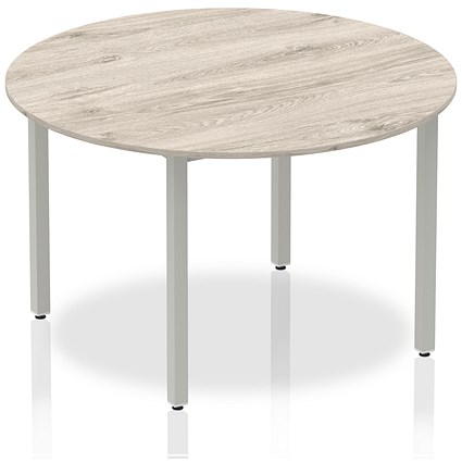 Impulse Circular Table, 1200mm, Grey Oak, Silver Box Frame Leg