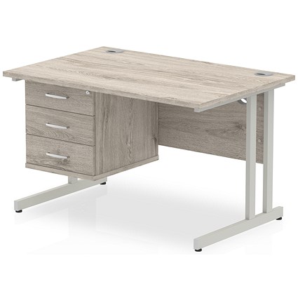 Impulse 1200mm Rectangular Desk, Silver Legs, 3 Drawer Pedestal, Grey Oak